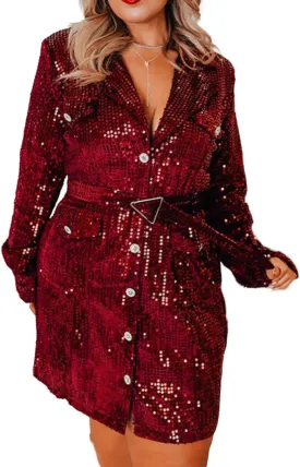 Womens Sexy Deep V Cocktail Dress Sparkly Sequin Blazer A Line Button Down Dress