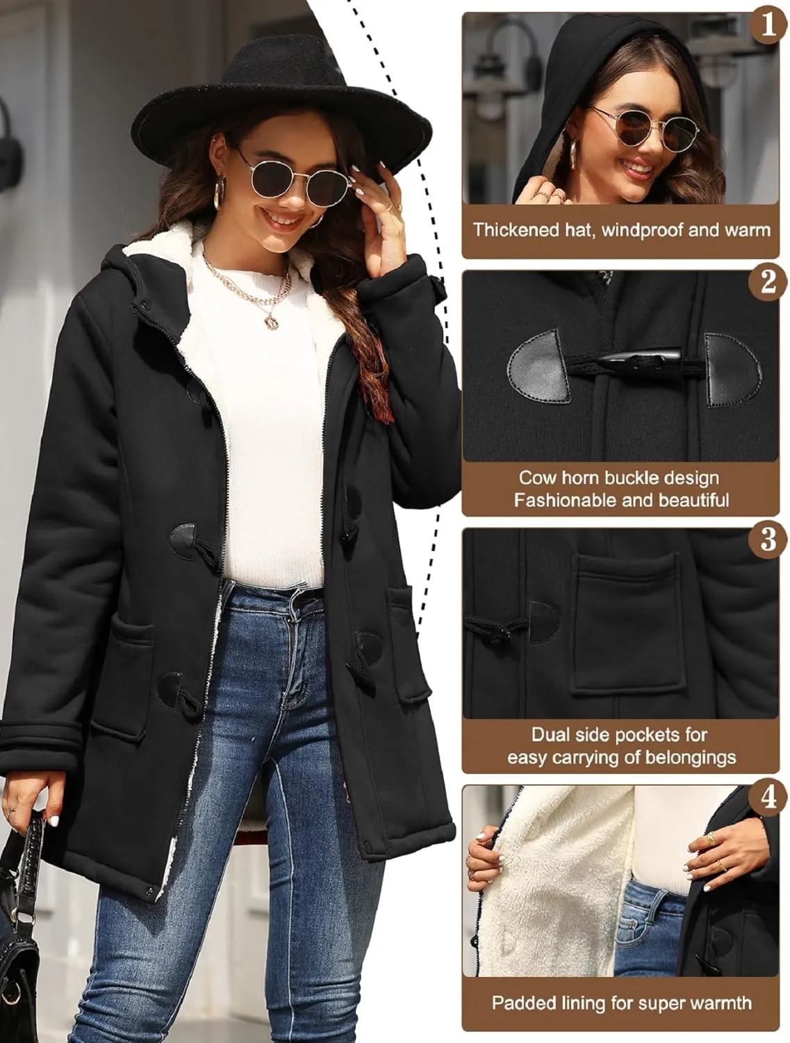 Womens Sherpa Lined Coats Winter Warm Fashion Horn Button Fleece Thicken Hooded Casual Jackets Long Sleeve Outerwear
