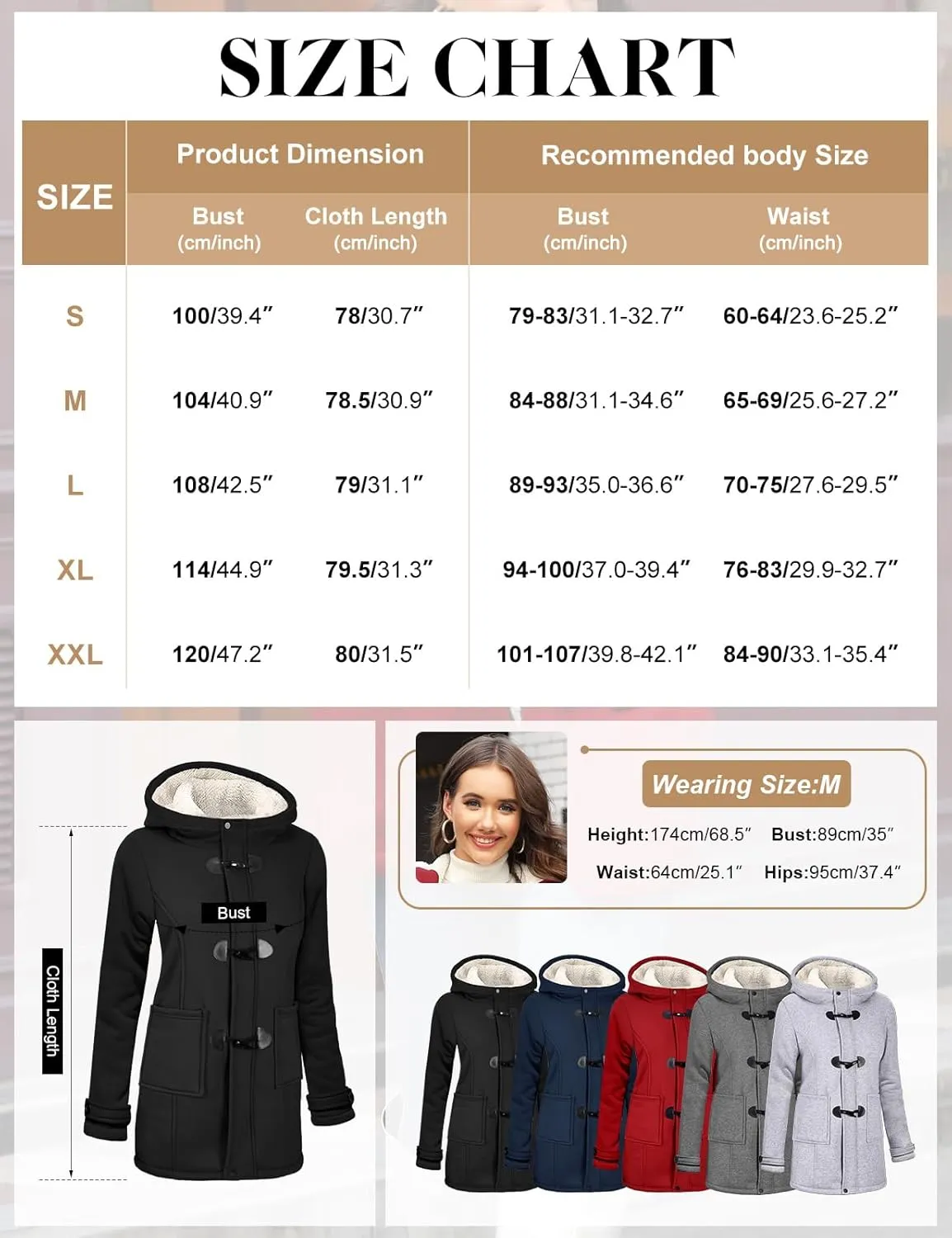 Womens Sherpa Lined Coats Winter Warm Fashion Horn Button Fleece Thicken Hooded Casual Jackets Long Sleeve Outerwear