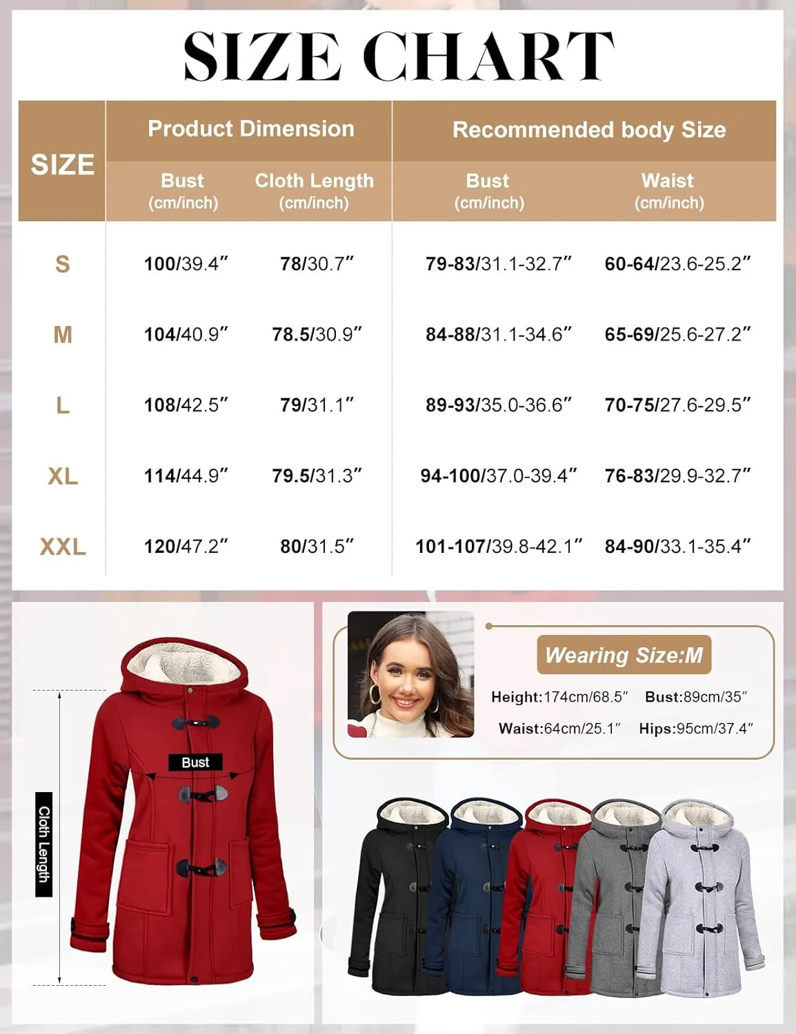 Womens Sherpa Lined Coats Winter Warm Fashion Horn Button Fleece Thicken Hooded Casual Jackets Long Sleeve Outerwear