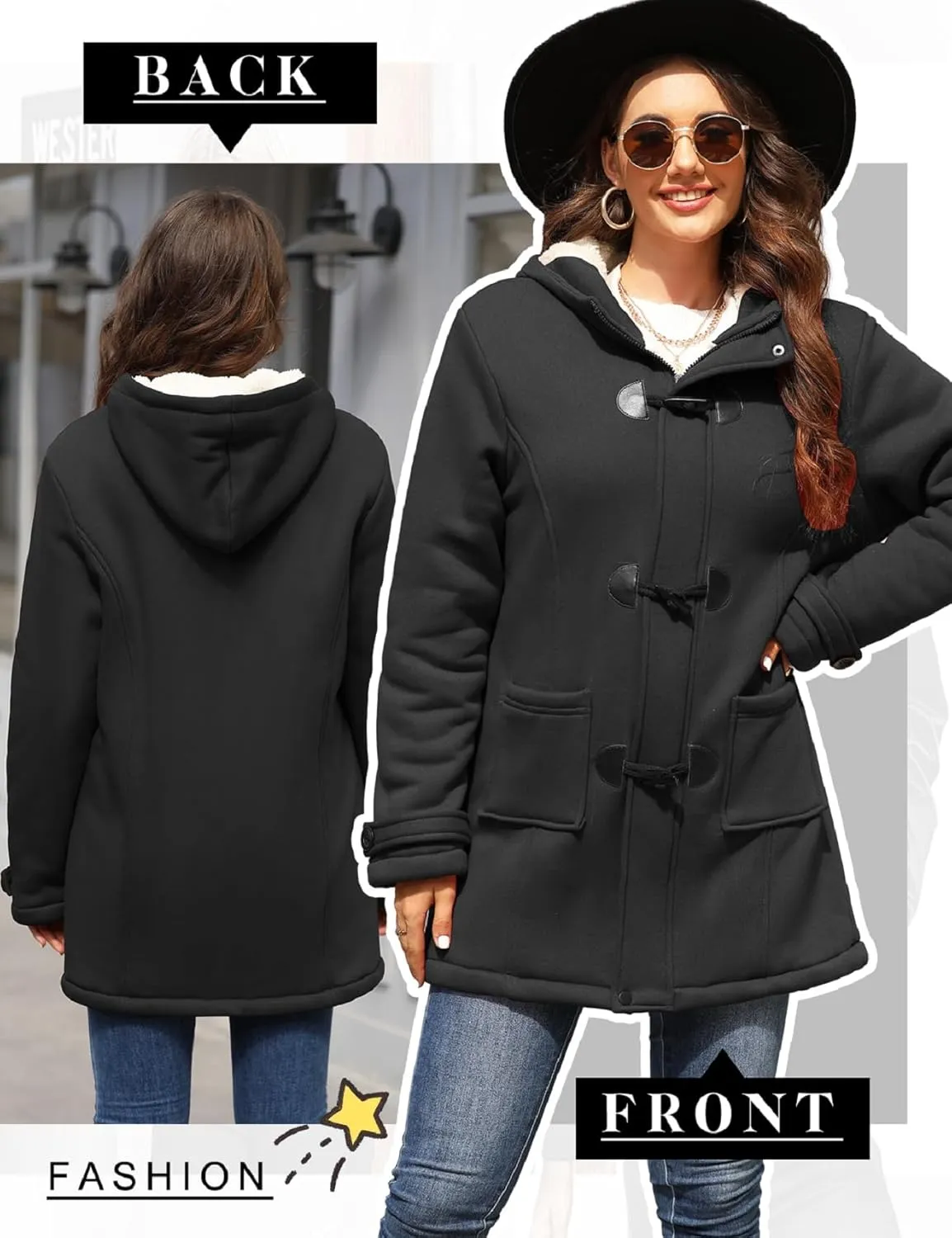 Womens Sherpa Lined Coats Winter Warm Fashion Horn Button Fleece Thicken Hooded Casual Jackets Long Sleeve Outerwear
