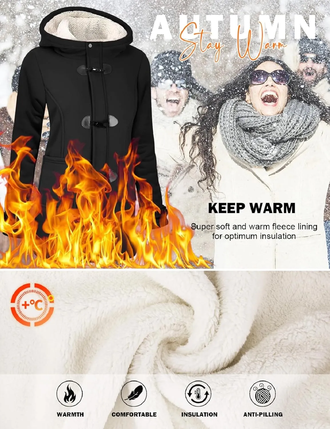 Womens Sherpa Lined Coats Winter Warm Fashion Horn Button Fleece Thicken Hooded Casual Jackets Long Sleeve Outerwear