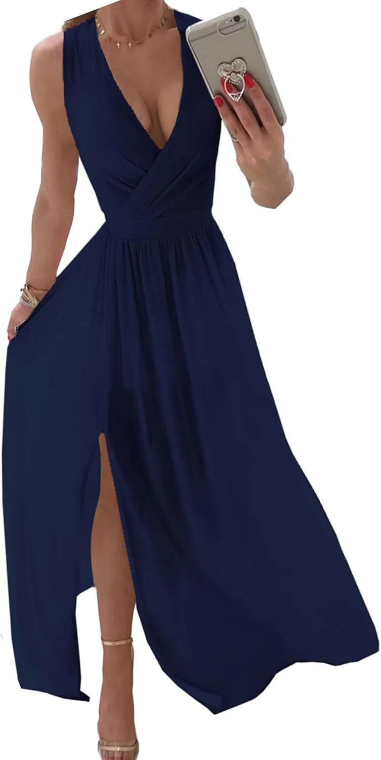 Womens Sleeveless Sexy Deep V-Neck Maxi Slit Dress Casual Summer Beach Resort Sundress Long Flowy Split Dresses