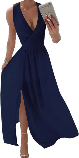 Womens Sleeveless Sexy Deep V-Neck Maxi Slit Dress Casual Summer Beach Resort Sundress Long Flowy Split Dresses