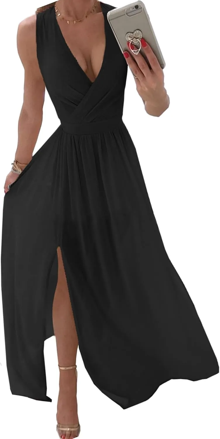 Womens Sleeveless Sexy Deep V-Neck Maxi Slit Dress Casual Summer Beach Resort Sundress Long Flowy Split Dresses