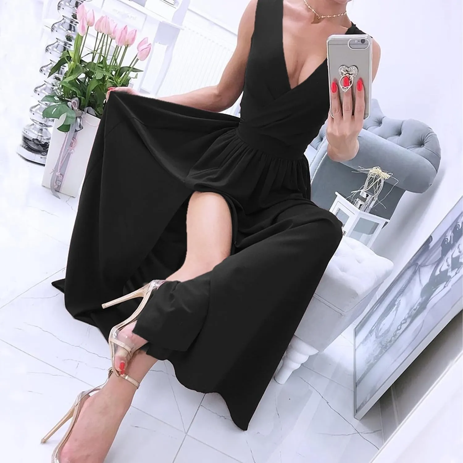 Womens Sleeveless Sexy Deep V-Neck Maxi Slit Dress Casual Summer Beach Resort Sundress Long Flowy Split Dresses