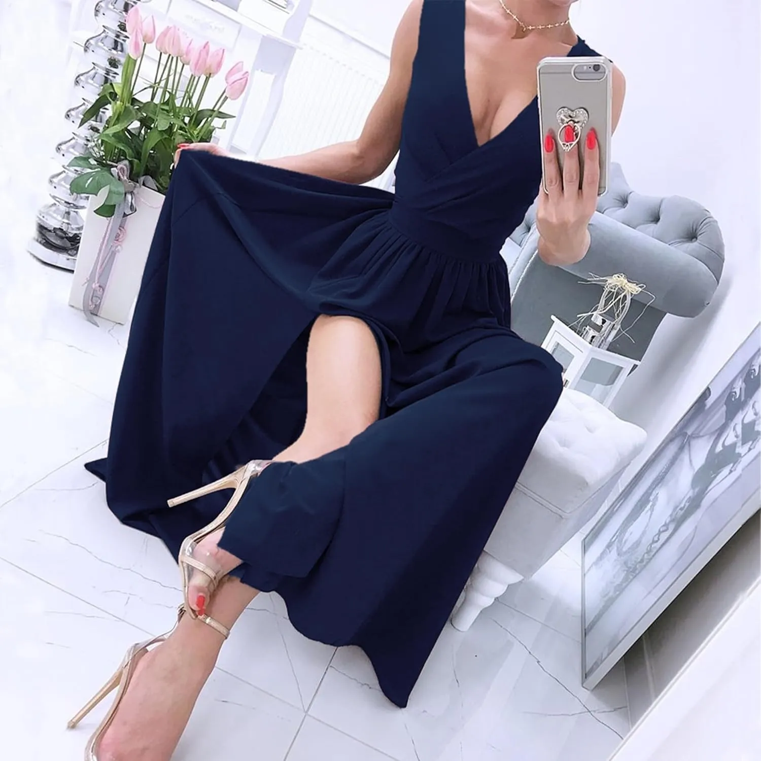 Womens Sleeveless Sexy Deep V-Neck Maxi Slit Dress Casual Summer Beach Resort Sundress Long Flowy Split Dresses
