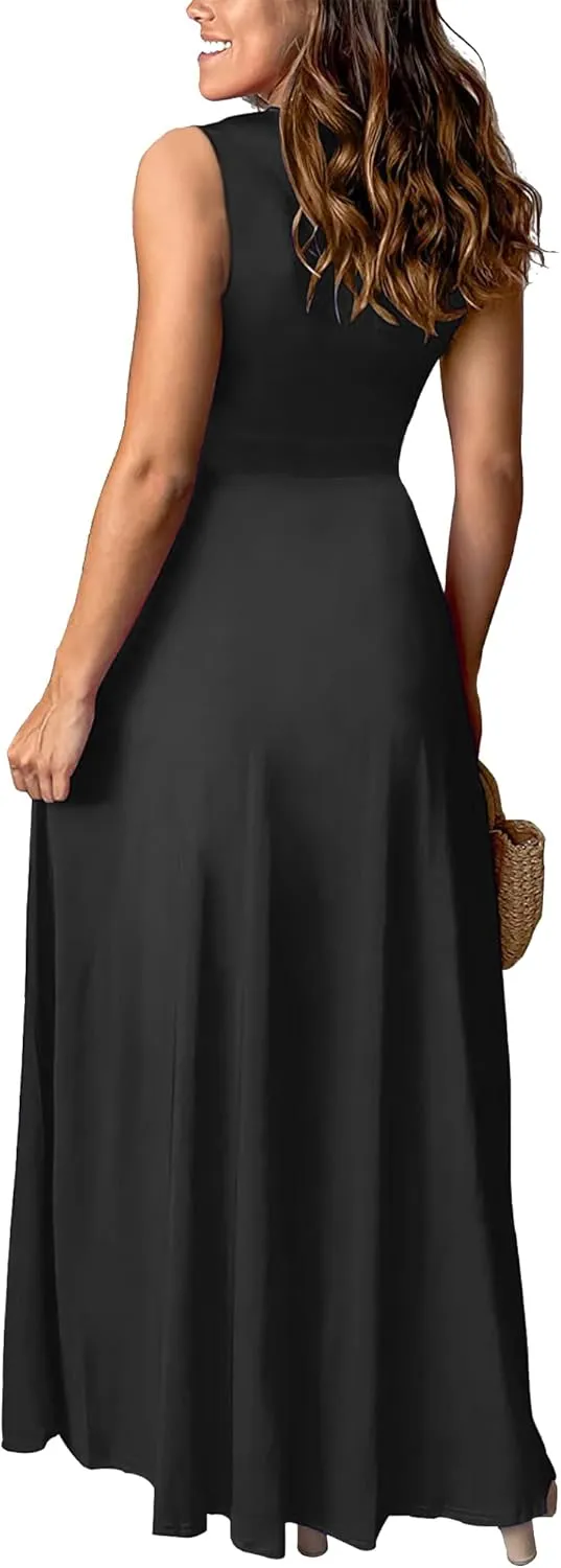 Womens Sleeveless Sexy Deep V-Neck Maxi Slit Dress Casual Summer Beach Resort Sundress Long Flowy Split Dresses