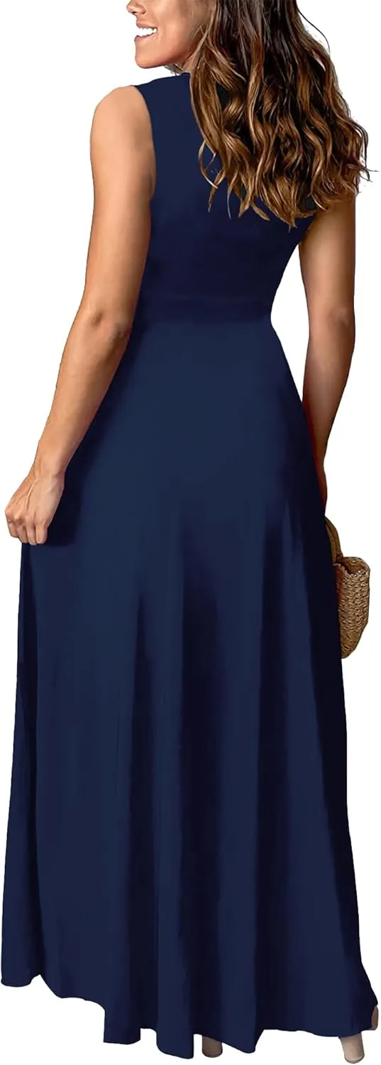 Womens Sleeveless Sexy Deep V-Neck Maxi Slit Dress Casual Summer Beach Resort Sundress Long Flowy Split Dresses