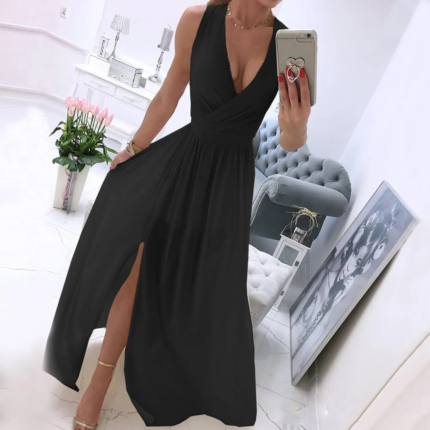 Womens Sleeveless Sexy Deep V-Neck Maxi Slit Dress Casual Summer Beach Resort Sundress Long Flowy Split Dresses