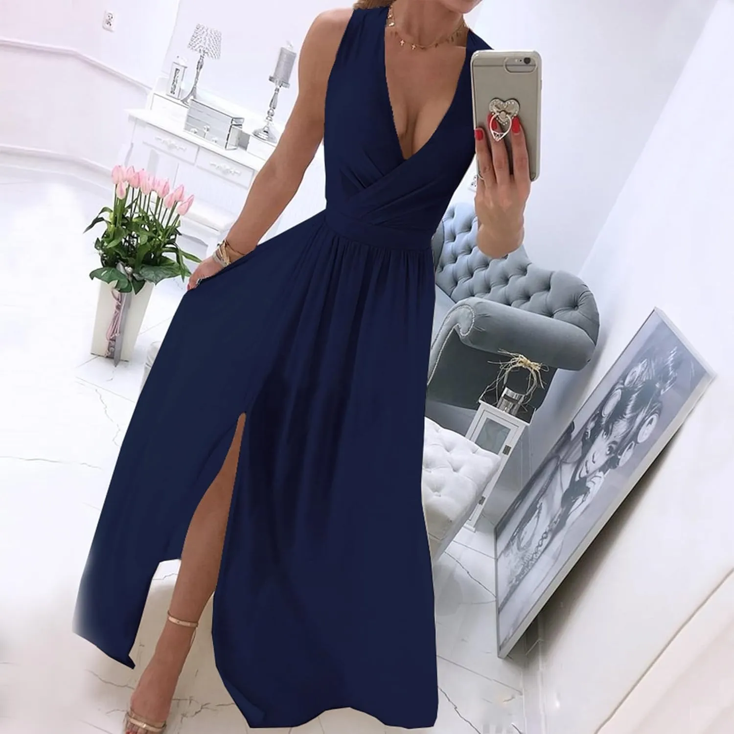 Womens Sleeveless Sexy Deep V-Neck Maxi Slit Dress Casual Summer Beach Resort Sundress Long Flowy Split Dresses