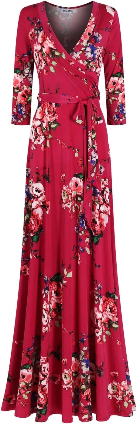 Women's Super Stretchy Maxi Party Dress Spring Floral Print Faux Wrap 3/4 Sleeve V-Neck