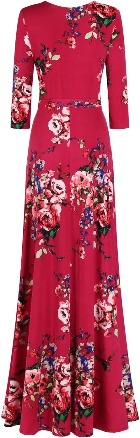Women's Super Stretchy Maxi Party Dress Spring Floral Print Faux Wrap 3/4 Sleeve V-Neck