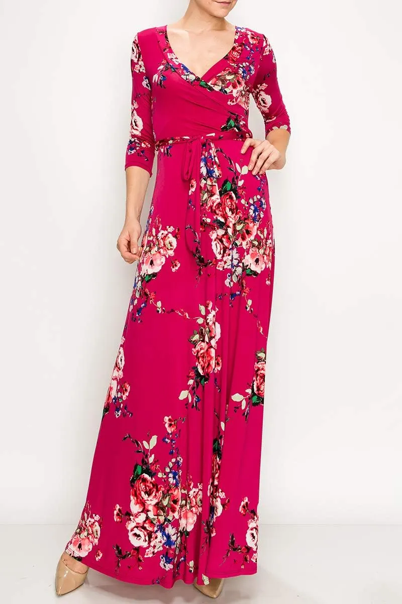 Women's Super Stretchy Maxi Party Dress Spring Floral Print Faux Wrap 3/4 Sleeve V-Neck