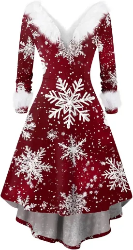 Womens V-Neck Party Dress Christmas Printed 2024 Long Sleeve Sexy Plush Holiday Winter Furry Collar Snowflake Dresses