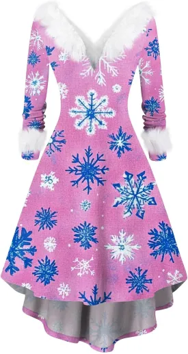 Womens V-Neck Party Dress Christmas Printed 2024 Long Sleeve Sexy Plush Holiday Winter Furry Collar Snowflake Dresses