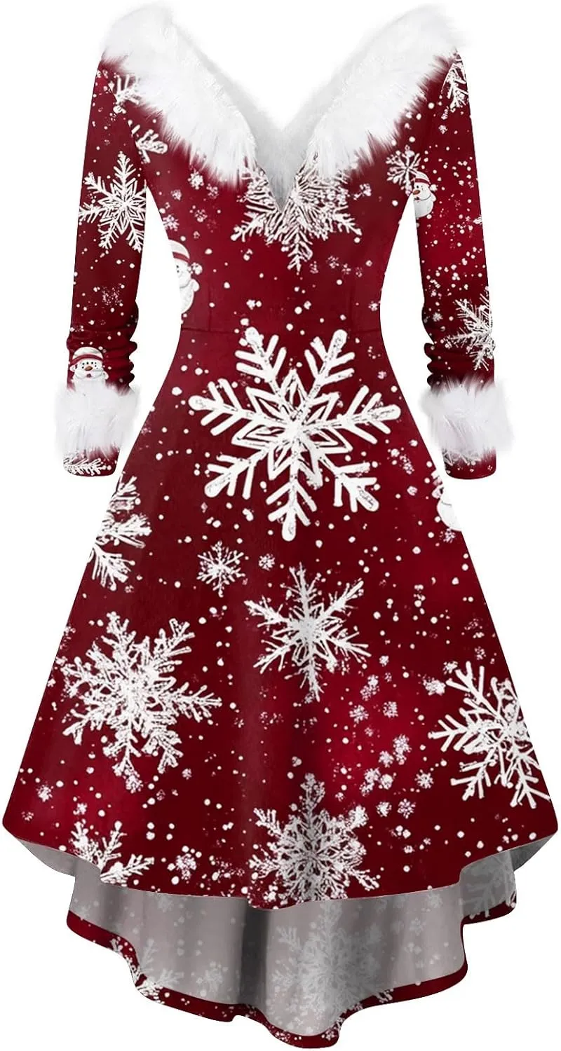 Womens V-Neck Party Dress Christmas Printed 2024 Long Sleeve Sexy Plush Holiday Winter Furry Collar Snowflake Dresses