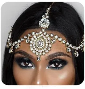 YERTTER Wedding Gold Rhinestone Head Chain With Clip Jewelry Forehead Tassel Fringe Headband Headpiece Crystal Chain Headband Hair Accessories for Women Brides Prom Costume(Gold 2)