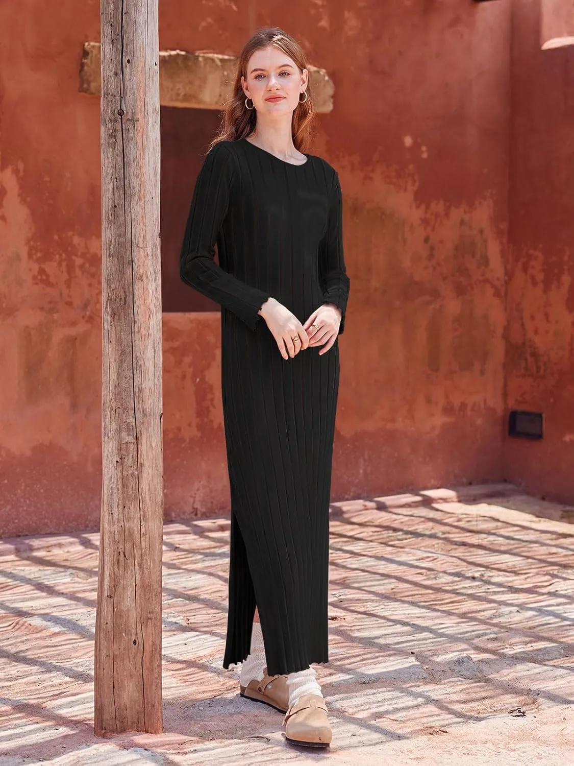 Yousify Womens 2025 Trendy Spring Long Sleeve Sweater Dresses Casual Round Neck Split Hem Striped Midi Dress