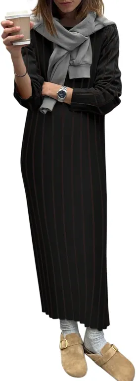 Yousify Womens 2025 Trendy Spring Long Sleeve Sweater Dresses Casual Round Neck Split Hem Striped Midi Dress
