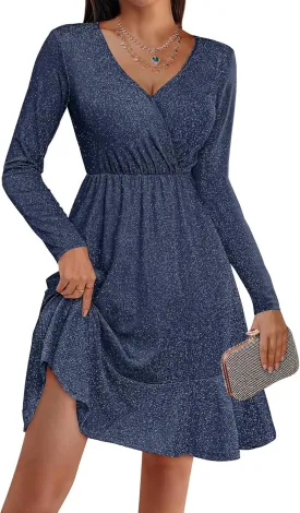 Zeagoo Womens Glitter Dress Wrap V Neck Long Sleeve Swing Club Cocktail Party Dresses Sequin Sparkle Dress Christmas Dress