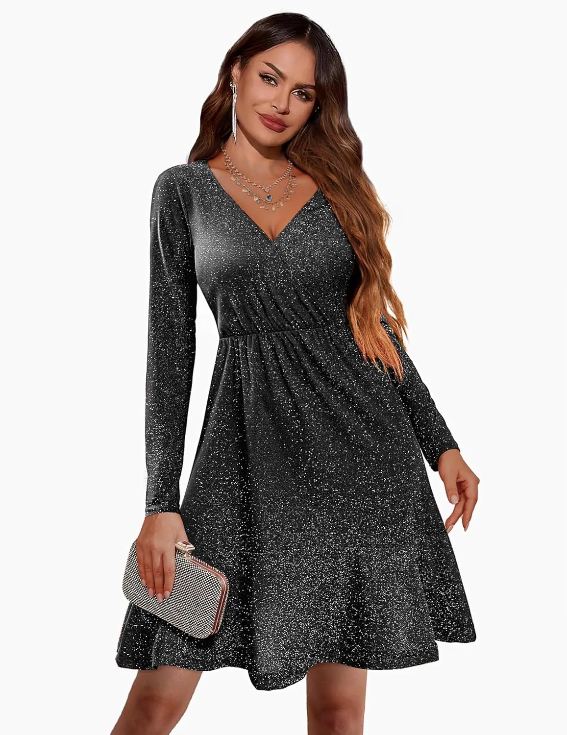Zeagoo Womens Glitter Dress Wrap V Neck Long Sleeve Swing Club Cocktail Party Dresses Sequin Sparkle Dress Christmas Dress