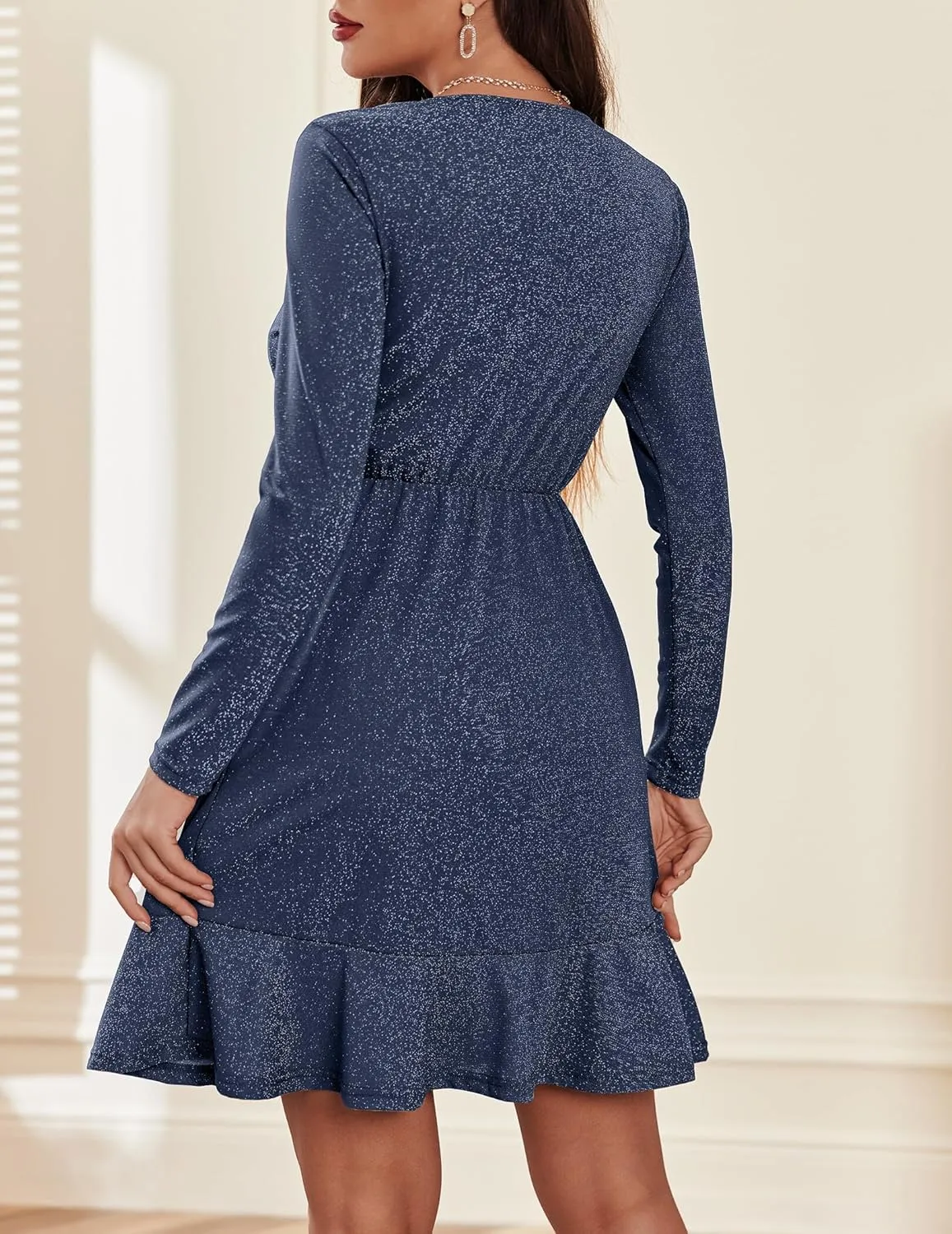 Zeagoo Womens Glitter Dress Wrap V Neck Long Sleeve Swing Club Cocktail Party Dresses Sequin Sparkle Dress Christmas Dress