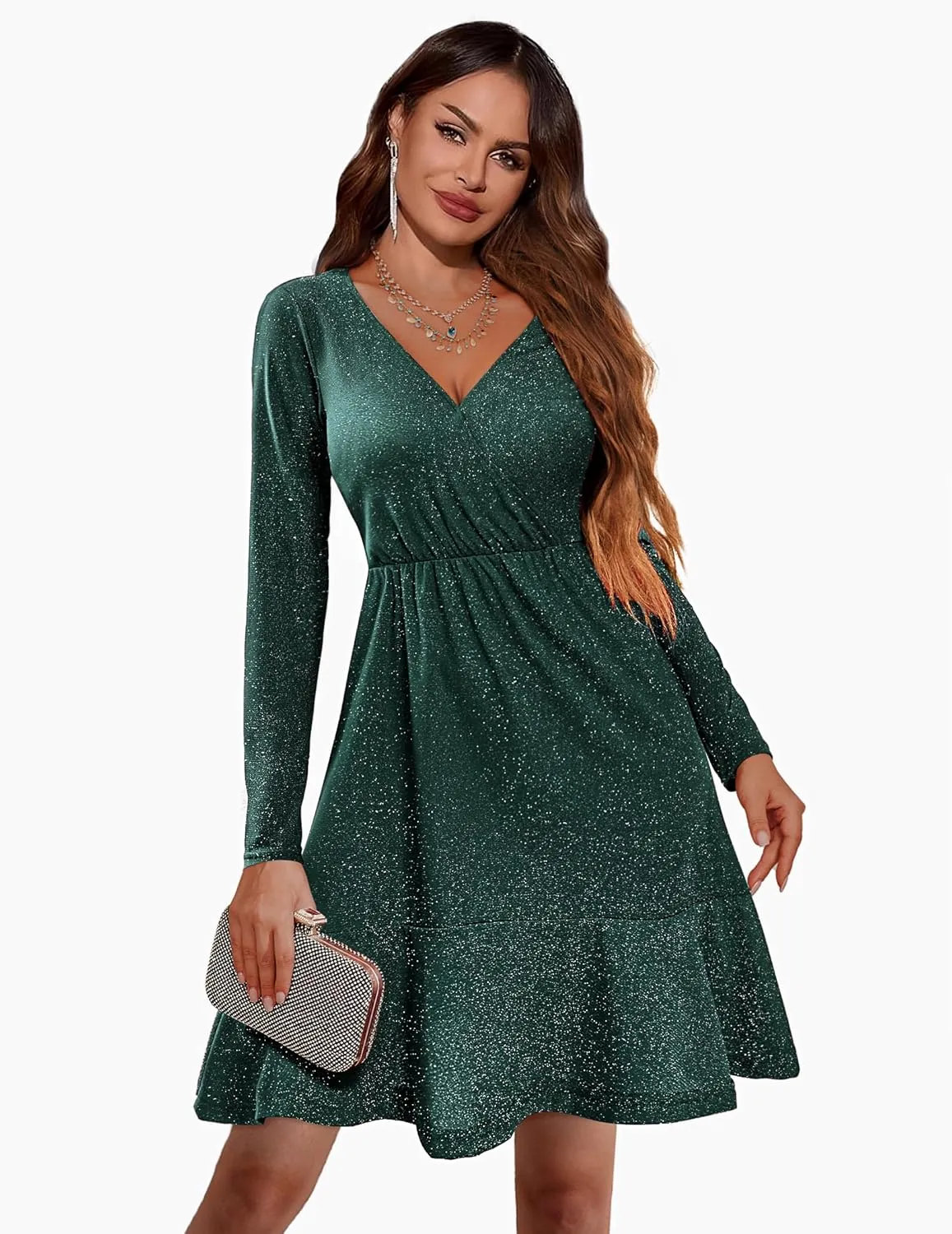 Zeagoo Womens Glitter Dress Wrap V Neck Long Sleeve Swing Club Cocktail Party Dresses Sequin Sparkle Dress Christmas Dress