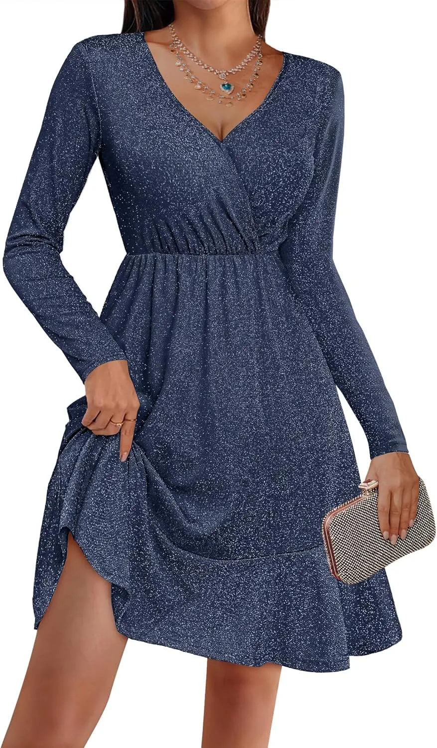 Zeagoo Womens Glitter Dress Wrap V Neck Long Sleeve Swing Club Cocktail Party Dresses Sequin Sparkle Dress Christmas Dress