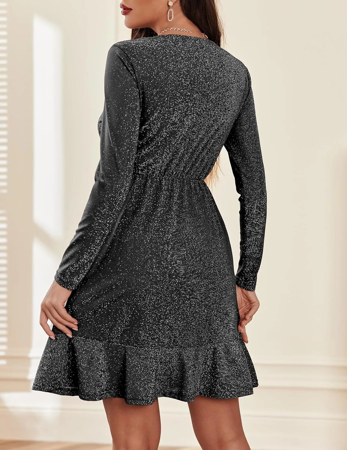 Zeagoo Womens Glitter Dress Wrap V Neck Long Sleeve Swing Club Cocktail Party Dresses Sequin Sparkle Dress Christmas Dress