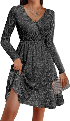 Zeagoo Womens Glitter Dress Wrap V Neck Long Sleeve Swing Club Cocktail Party Dresses Sequin Sparkle Dress Christmas Dress